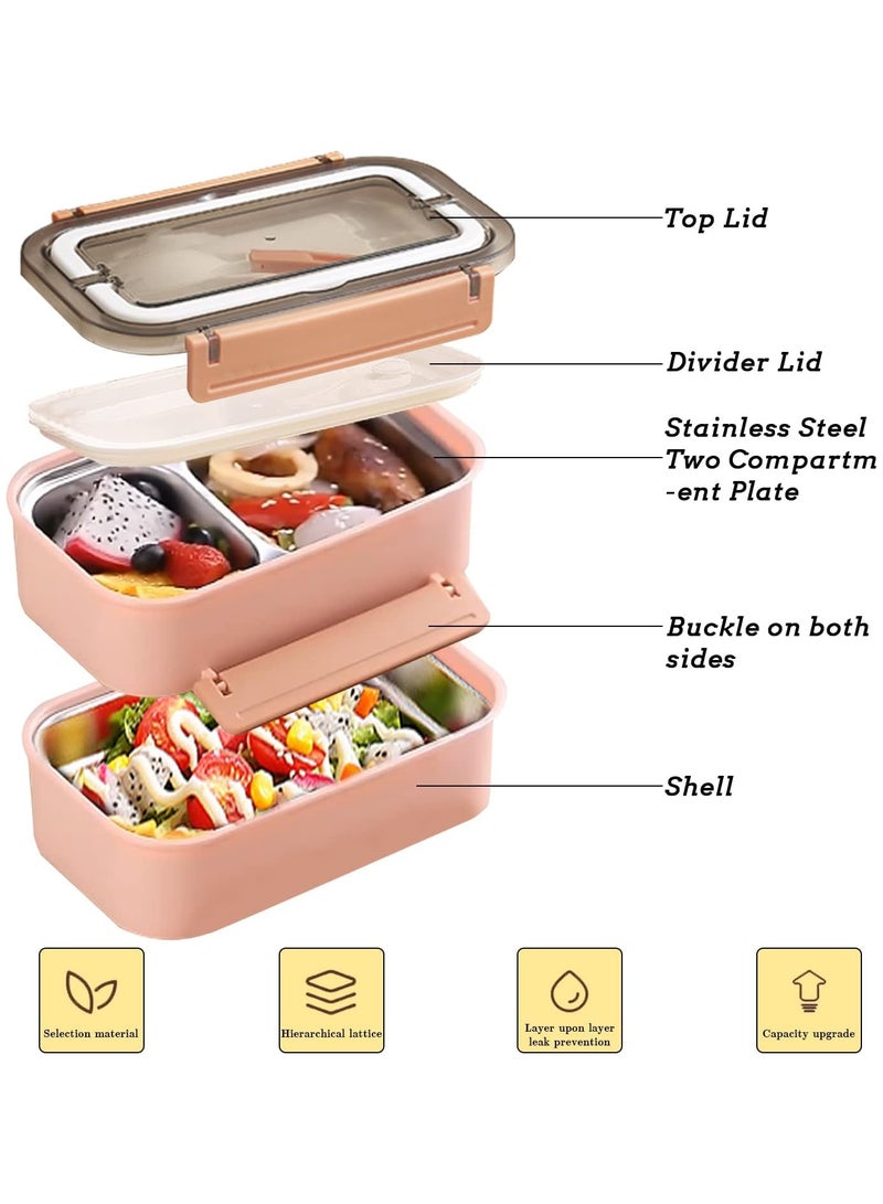 TOMSHOO Stainless Steel Lunch Box - Insulated Bento Box Multifunctional Containers Food Containers with 2 Compartments,Tableware, Nylon insulation bag (1.6L Pink) - Image 3