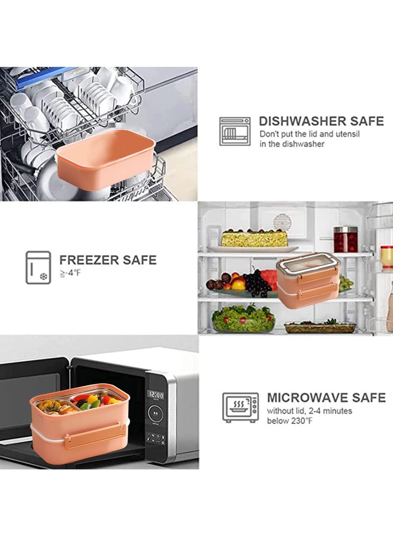 TOMSHOO Stainless Steel Lunch Box - Insulated Bento Box Multifunctional Containers Food Containers with 2 Compartments,Tableware, Nylon insulation bag (1.6L Pink) - Image 5