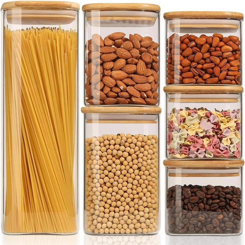 ComSaf Food Storage Containers with Airtight Lids Set of 6, Clear Glass Canister Food Jar with Sealing Lid Kitchen Pantry Storage Container for Spaghetti Pasta Sugar Flour Oat Cereal Beans, Square - Image 1