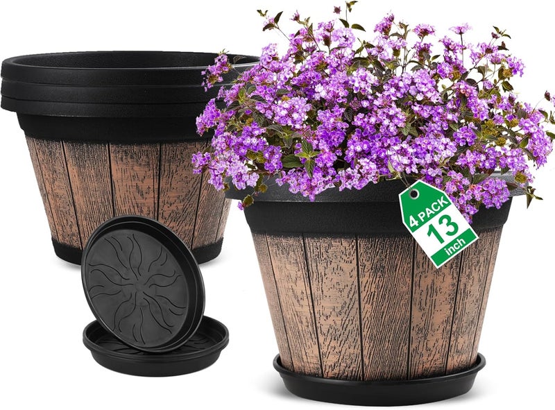 Quarut Large Plastic Plant Pots Set of 4 Pack13 inch,Whiskey Barrel Planters with Drainage Holes & Saucer.Flower Pots Imitation Wine Barrel Design for Indoor & Outdoor Garden Balcony Plants (Brown) - Image 1
