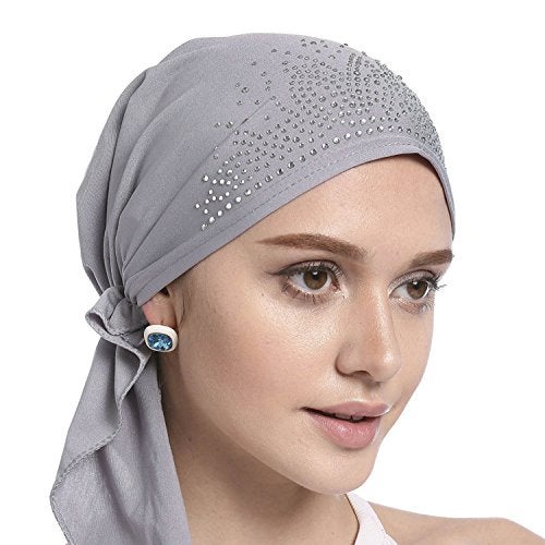 IPENNY Crystal Chemo Hat Woman's Stretchy Beanie Bandana Turban Cap Skull Cap Head Wrap Headscarf for Cancer,Alopecia Hair Loss (Grey) - Image 1
