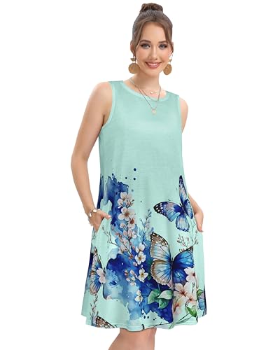 elescat Summer Dresses for Women Casual Beach Sleeveless Sundress Scoop Neck Swing Tank Dress with Pocket(Blue Butterfly Flower, L) - Image 2