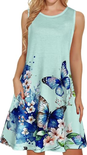 elescat Summer Dresses for Women Casual Beach Sleeveless Sundress Scoop Neck Swing Tank Dress with Pocket(Blue Butterfly Flower, L) - Image 1
