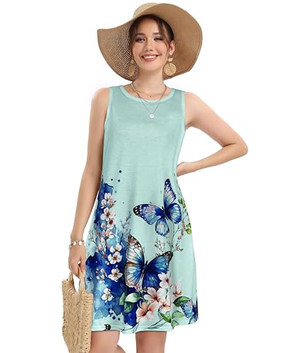 elescat Summer Dresses for Women Casual Beach Sleeveless Sundress Scoop Neck Swing Tank Dress with Pocket(Blue Butterfly Flower, L) - Image 3