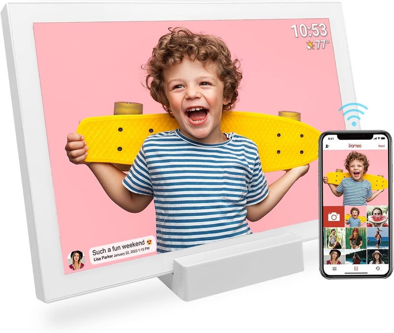 إطار صور رقمي واي فاي FRAMEO 10.1 بوصة مع بطارية 5000 مللي أمبير، شاشة لمس IPS LCD HD بدقة 1280x800، تدوير تلقائي للصورة الع��ودية والأفقية، تخزين 32 جيجابايت، مشاركة اللحظات فورًا عبر تطبيق Frameo من أي مكان - Image 1