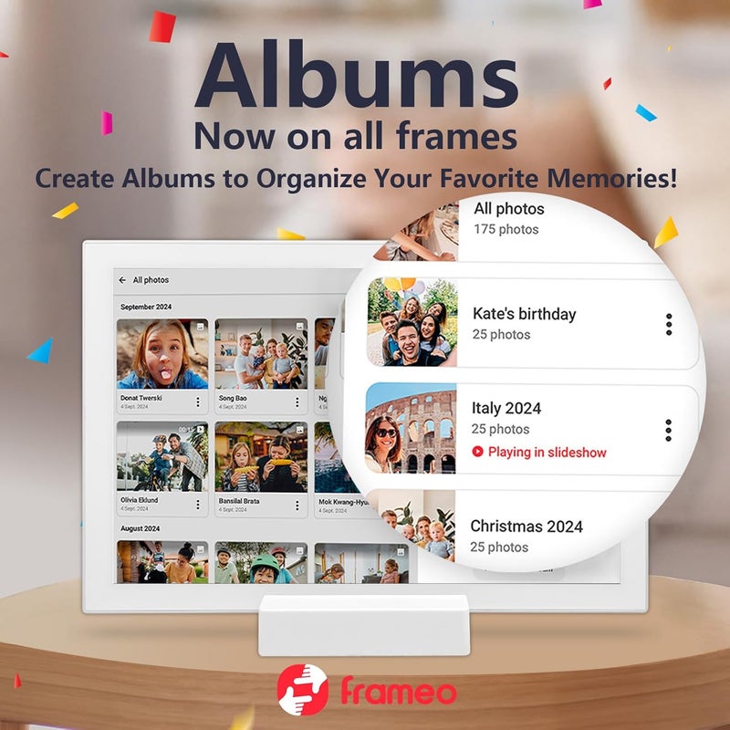 إطار صور رقمي واي فاي FRAMEO 10.1 بوصة مع بطارية 5000 مللي أمبير، شاشة لمس IPS LCD HD بدقة 1280x800، تدوير تلقائي للصورة الع��ودية والأفقية، تخزين 32 جيجابايت، مشاركة اللحظات فورًا عبر تطبيق Frameo من أي مكان - Image 5