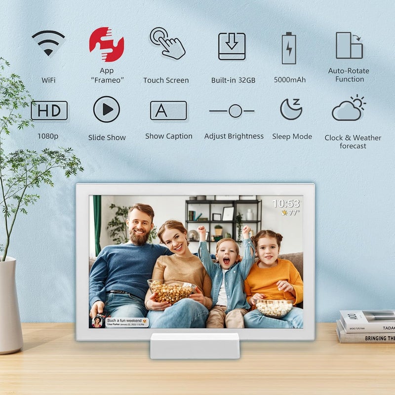 إطار صور رقمي واي فاي FRAMEO 10.1 بوصة مع بطارية 5000 مللي أمبير، شاشة لمس IPS LCD HD بدقة 1280x800، تدوير تلقائي للصورة الع��ودية والأفقية، تخزين 32 جيجابايت، مشاركة اللحظات فورًا عبر تطبيق Frameo من أي مكان - Image 2
