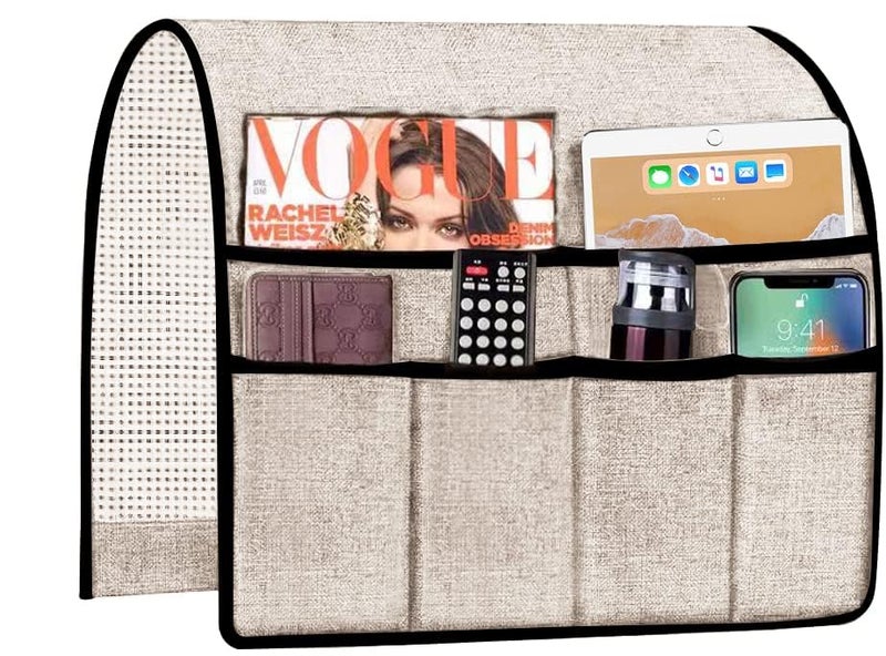 Iwtmm Sofa Armrest Organizer Couch Storage, TV Remote Holder for Armchair with 6 Pockets Hanging Remote Control Holder, Thick Armchair Caddy Magazine, Books, Cell Phone, iPad, 19 x 35 Inches, Beige - Image 2