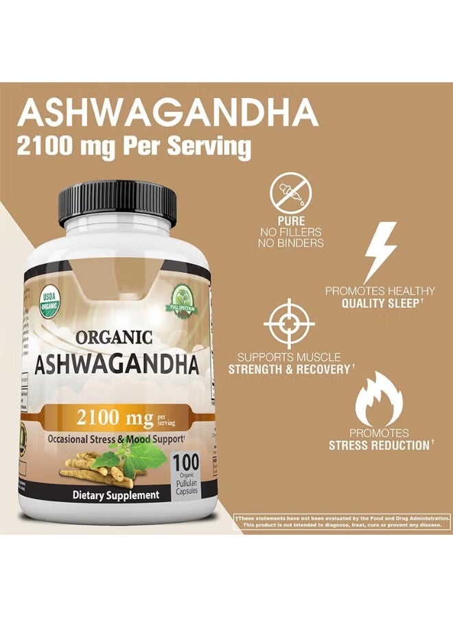 أورجانيك Ashwagandha العضوي 2,100 ملغ - 100 كبسولات نباتية مسحوق Ashwagandha العضوي النقي ومستخلص الجذر - تخفيف الإجهاد ، تعزيز المزاج - Image 2