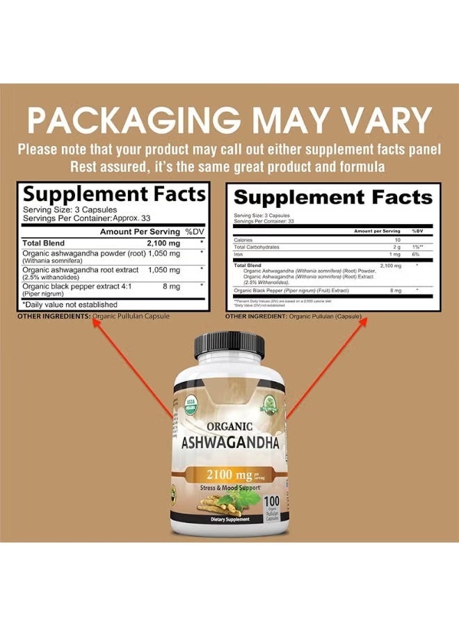 أورجانيك Ashwagandha العضوي 2,100 ملغ - 100 كبسولات نباتية مسحوق Ashwagandha العضوي النقي ومستخلص الجذر - تخفيف الإجهاد ، تعزيز المزاج - Image 4