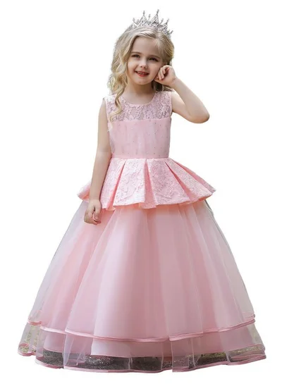 babyqlo Mesh layered pearl pattern pink long party dress for girls