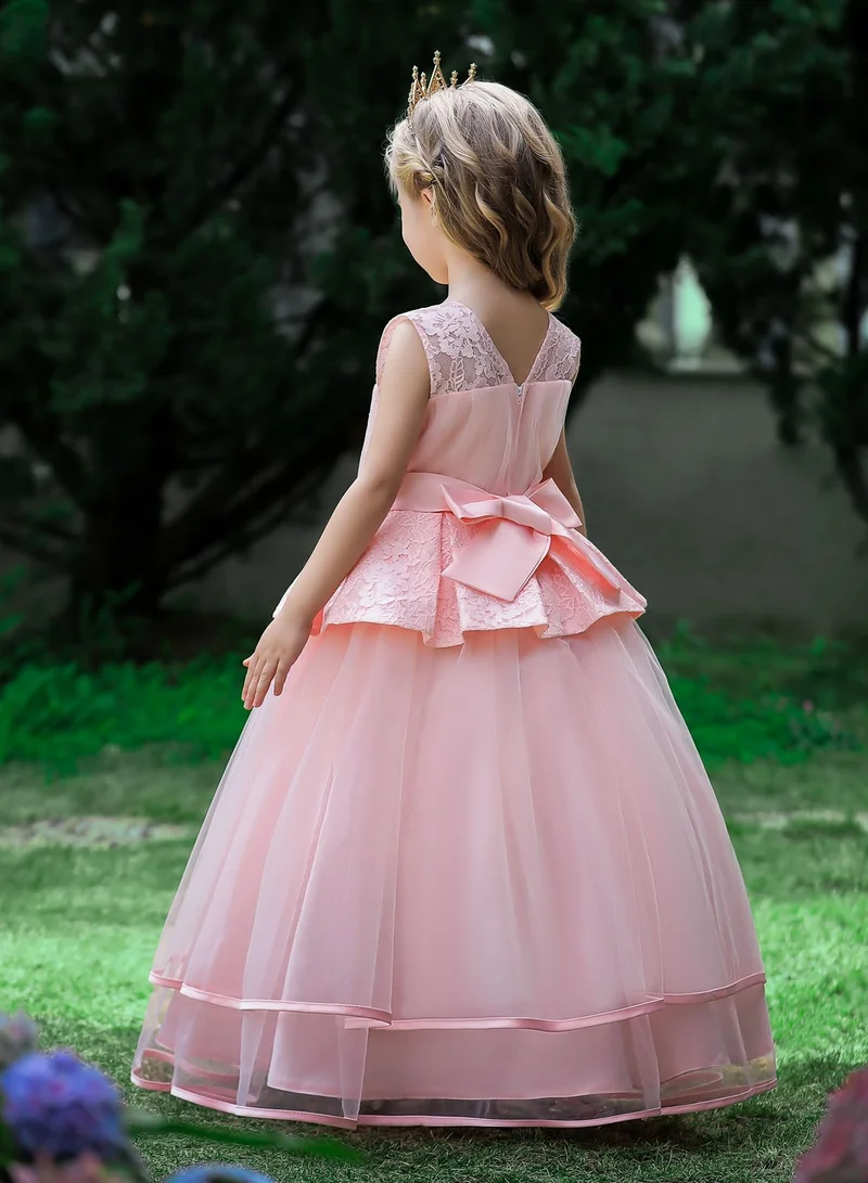 babyqlo Mesh layered pearl pattern pink long party dress for girls