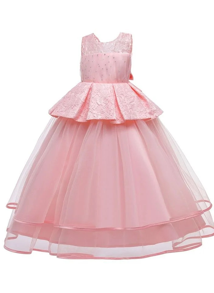 babyqlo Mesh layered pearl pattern pink long party dress for girls