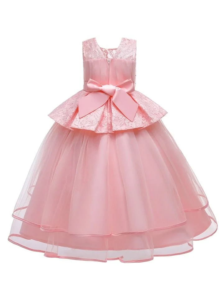 babyqlo Mesh layered pearl pattern pink long party dress for girls