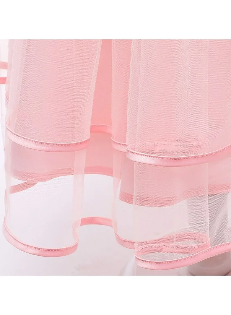 babyqlo Mesh layered pearl pattern pink long party dress for girls