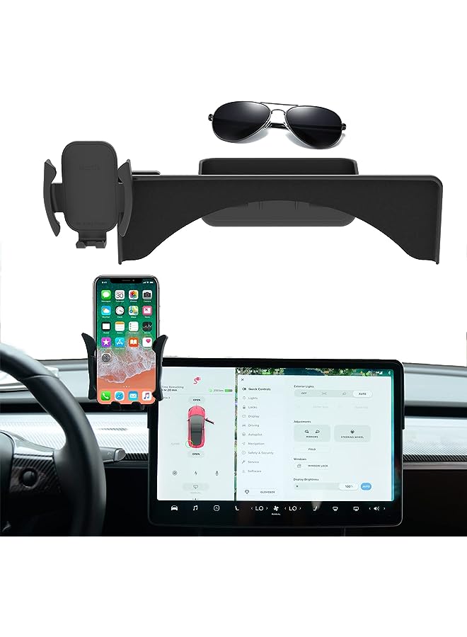 KASTWAVE Holder for Tesla Model Y Model 3,Phone Mount Silence Screen Phone Cradle Kits Compatible with 5.5-7.0" Smartphones Accessories with Silicone Sunglasses Organizer - Image 1