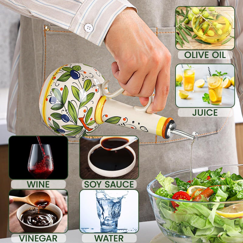 Gnlnkn 18 oz Ceramic Olive Oil Dispenser Bottle for Kitchen, Large Capacity Oli and Vinegar Cruet with Stainless Steel Spout, 540 ml Oil Container with Handle for Cooking Preventing, Vinegar Cruet - Image 3
