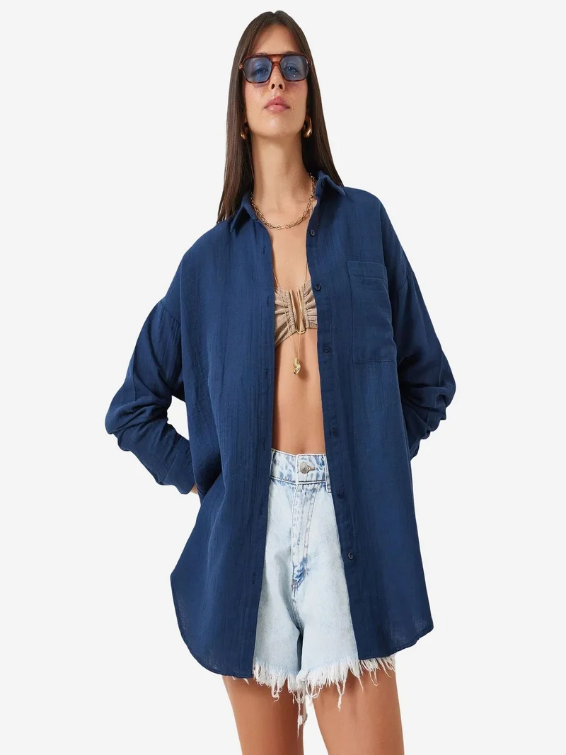 السعادة في إسطنبول ISTANBUL Oversized Textured Cotton Shirt with Pocket