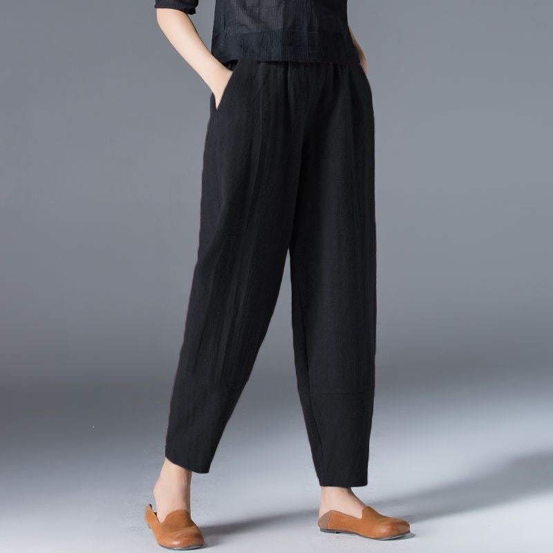 Women's Cotton-Linen Harem Pants High Waist Loose Slimming Cropped Trousers - Image 4