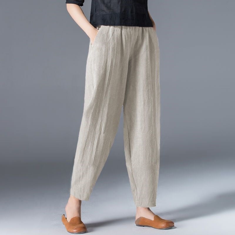 Women's Cotton-Linen Harem Pants High Waist Loose Slimming Cropped Trousers - Image 1