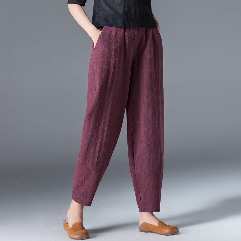 Women's Cotton-Linen Harem Pants High Waist Loose Slimming Cropped Trousers - Image 3