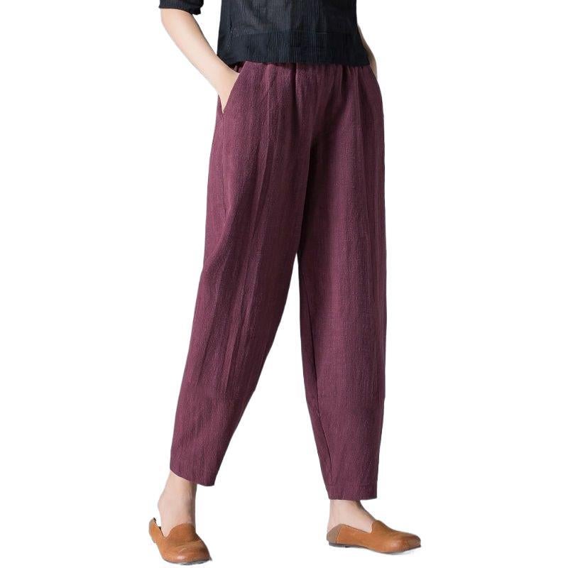 Women's Cotton-Linen Harem Pants High Waist Loose Slimming Cropped Trousers - Image 5
