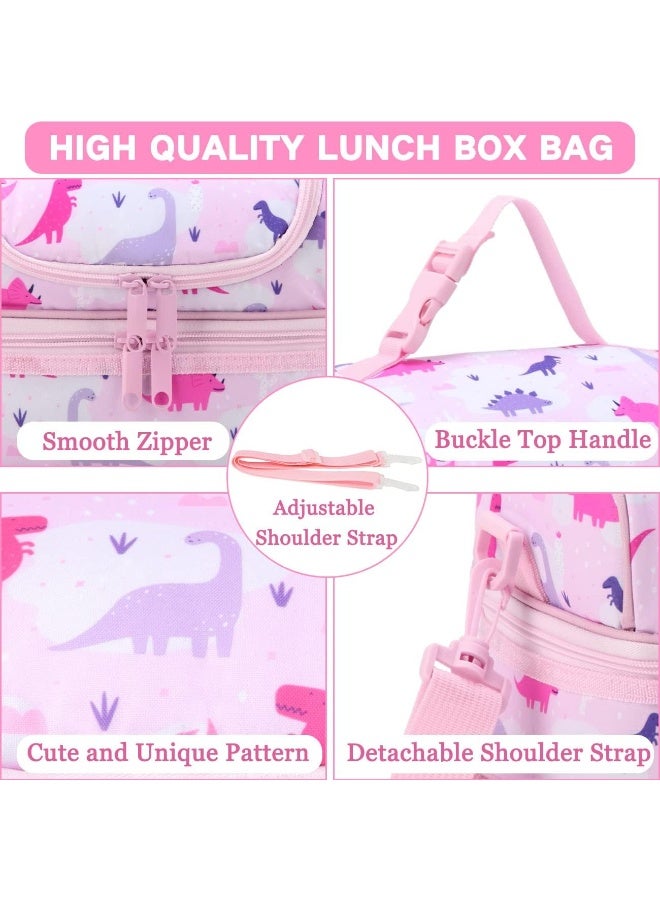 VASCHY Lunch Box Bag Kids, Insulated Two Compartments Cooler Bags for Boys Girls w Shoulder Strap for School,Daycare,Kindergarten Dinos Pink - Image 5