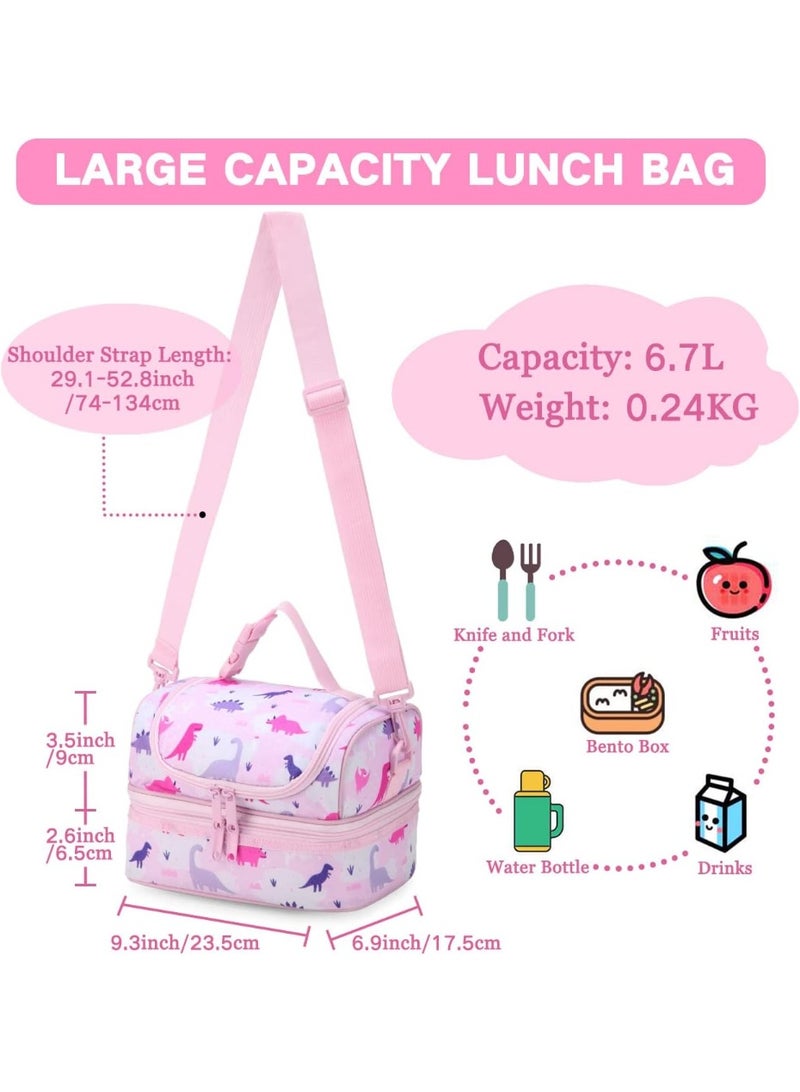 VASCHY Lunch Box Bag Kids, Insulated Two Compartments Cooler Bags for Boys Girls w Shoulder Strap for School,Daycare,Kindergarten Dinos Pink - Image 2