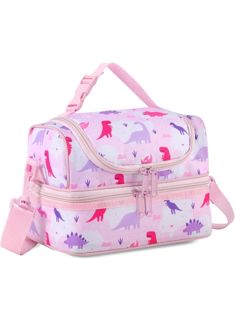 VASCHY Lunch Box Bag Kids, Insulated Two Compartments Cooler Bags for Boys Girls w Shoulder Strap for School,Daycare,Kindergarten Dinos Pink - Image 1
