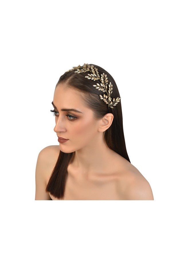 Vogue Hair Accessories - Vogue Hair Accessories Metal Handmade Crystal Leaf Fancy Party Hairband for Girls and Women (Gold) - Image 1