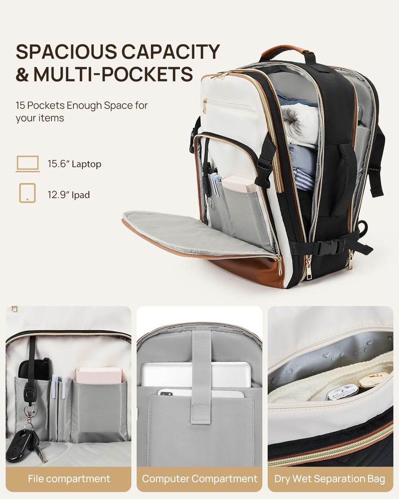 Telena Travel Backpack for Women, 15.6 inch Laptop Backpack TSA Carry on Backpack Personal Item Size Flight Approved Travel Bag Daypack with Multi-Pockets for Work, Travel, Business, Black-Beige-Brown - Image 2