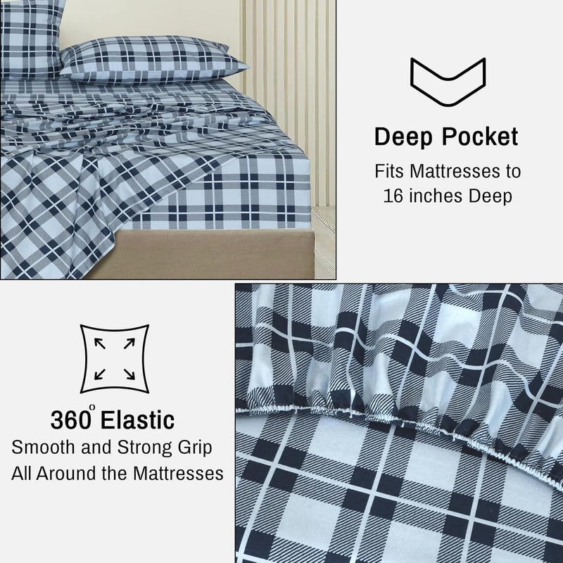 RUVANTI Flannel Sheets California King Size - 100% Cotton Brushed Cal King Bed Sheets Set - Deep Pockets 14 Inches - All Seasons Breathable & Extra Soft - Warm & Cozy, 4 Piece, Illusion Check - Image 5