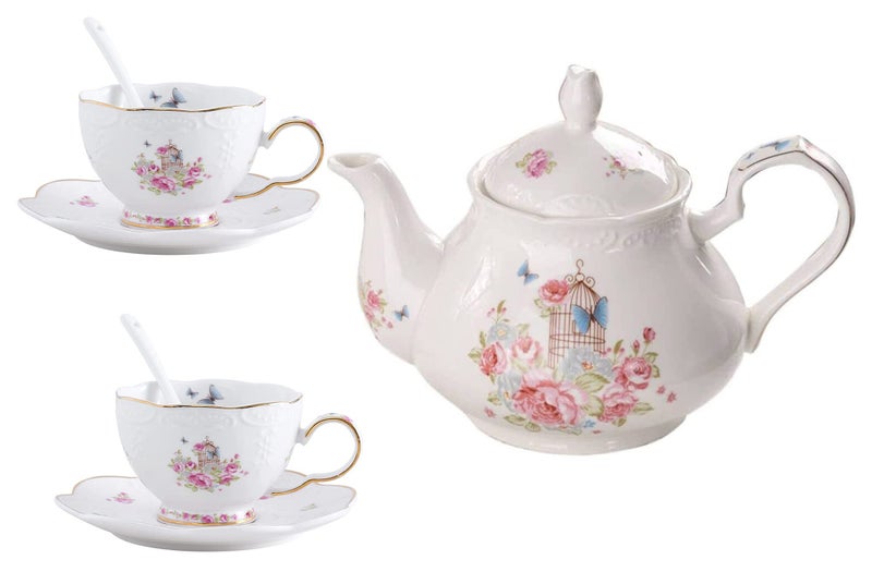 YBK Tech Strength Porcelain Coffee Pot Ceramic Teapot Pink Rose Teapot 2 Sets of Cup and Saucer
