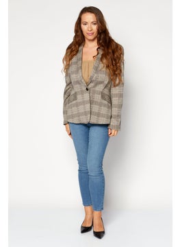 ESPRIT Women Regular Fit Plaid Blazer, Beige Combo  - Image 3