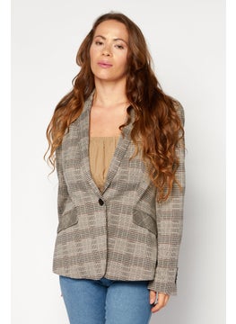 ESPRIT Women Regular Fit Plaid Blazer, Beige Combo  - Image 1
