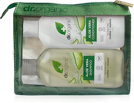 dr.organic Dr Organic Aloe Vera Shampoo Conditioner Set with Travel Bag Soothing All Hair Types Natural Vegan CrueltyFree Paraben SLSFree Recyclable Recycled Ocean Bound Plastic Organic 265ml - Image 2