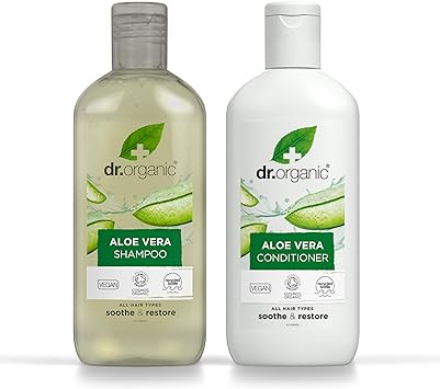 dr.organic Dr Organic Aloe Vera Shampoo Conditioner Set with Travel Bag Soothing All Hair Types Natural Vegan CrueltyFree Paraben SLSFree Recyclable Recycled Ocean Bound Plastic Organic 265ml - Image 1