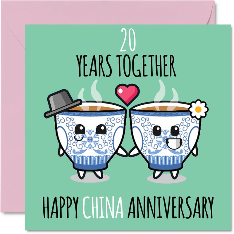 Stuff4 Cute China Anniversary Card for Boyfriend Girlfriend - 20 Years Together - Happy 20th Wedding Anniversary Cards for Women Men  5.7 x 5.7 Inch Greeting Cards for Twentieth Anniversaries - Image 1