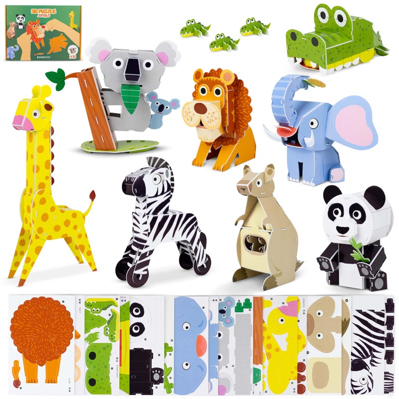 BONNYCO 3D Puzzles for Kids Toys Jungle Animals Pack 8. 3D Puzzle Jigsaw 6-8 9-13, Educational Girl and Boy Toys. Gifts for Kids Activity, Birthday Gifts for Boys. Rompecabezas 3-D Foam, Christmas - Image 1