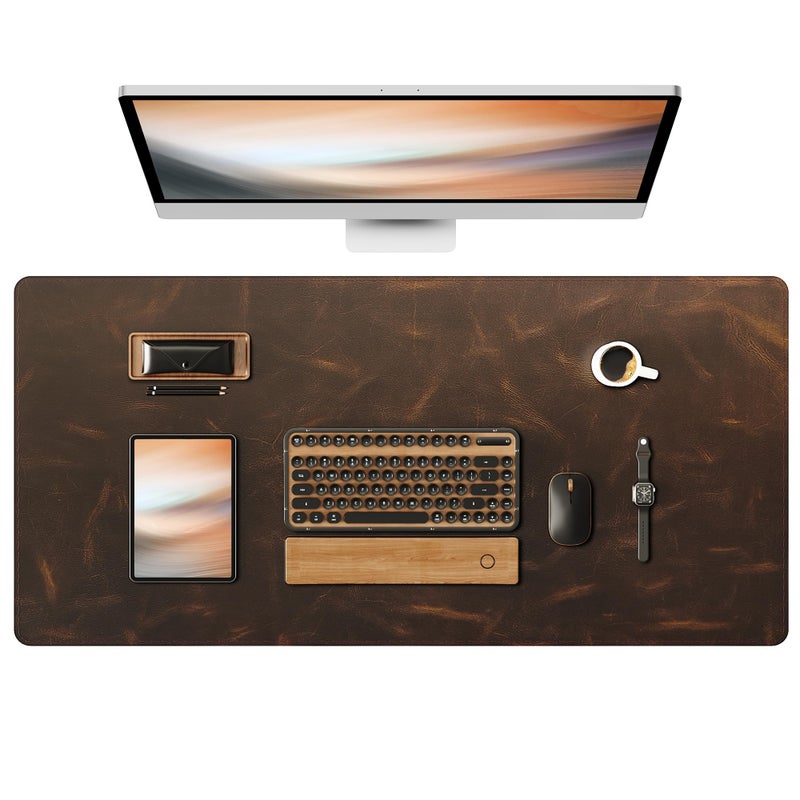 YSAGi Leather Desk Mat, 35.4"x17"Real Leather Desk Pad,3mm Thick Desk Blotter with Stiched line,Oil-Wax Feel Mouse pad and Self-Healing Laptop Pad for Home & Office(Classic Dark Brown) - Image 1