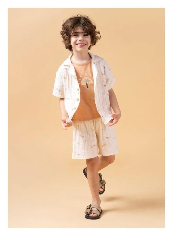 Magu Boys Cotton Ecru Floral Shirt, Shorts, and T-Shirt 3-Piece Set - Comfortable Summer Combo