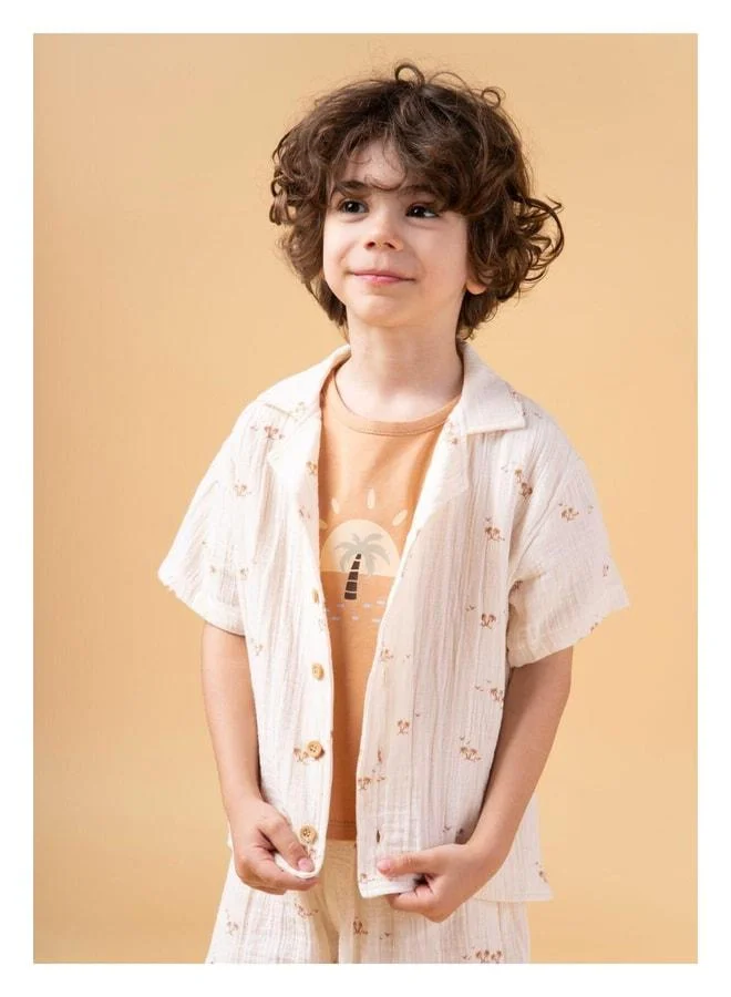 Magu Boys Cotton Ecru Floral Shirt, Shorts, and T-Shirt 3-Piece Set - Comfortable Summer Combo
