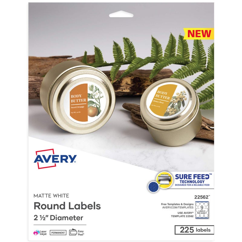 Avery Printable Blank Round Labels, 2.5" Diameter, Matte White, 225 Customizable Labels (22562) - Image 1