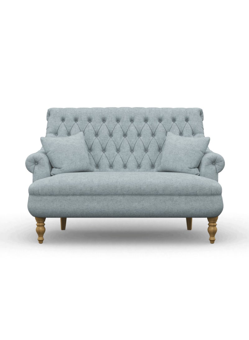 Wooden Twist Button Tufted Jute Fabric 2 Seater Sofa with Teak Finish and 2 Cushions Modern Couch for Living Room ( Grey ) - Image 1