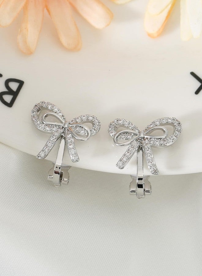 DATOA Small Bow Clip on Earrings for Women Trendy Sparkly Cubic Zirconia Earrings Prom Party Christmas Dress Jewerly Gift-Silver - Image 4