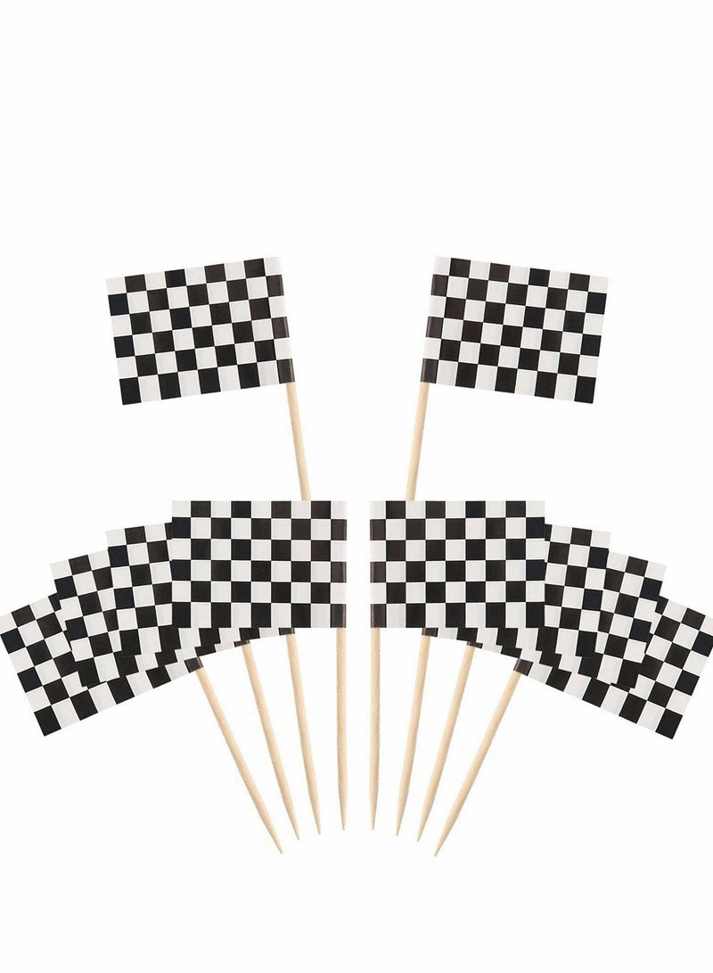 Excefore Checkered Racing Flag Toothpicks Cupcake Picks Mini Stick Toppers Dinner Flags Race Car Cake Decorations Party Supplies (100 Pack) - Image 1