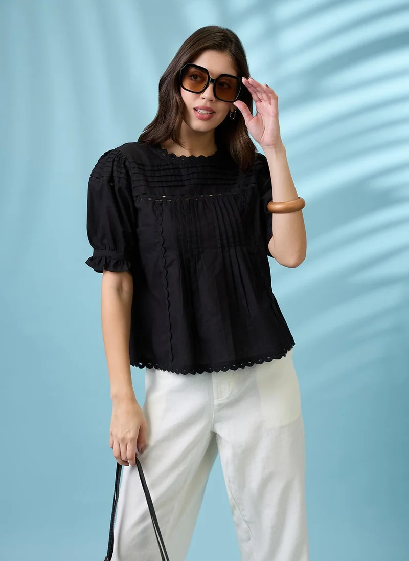 globus Women Black Round Neck Puff Sleeves Solid Lace Inserts Pleated Top