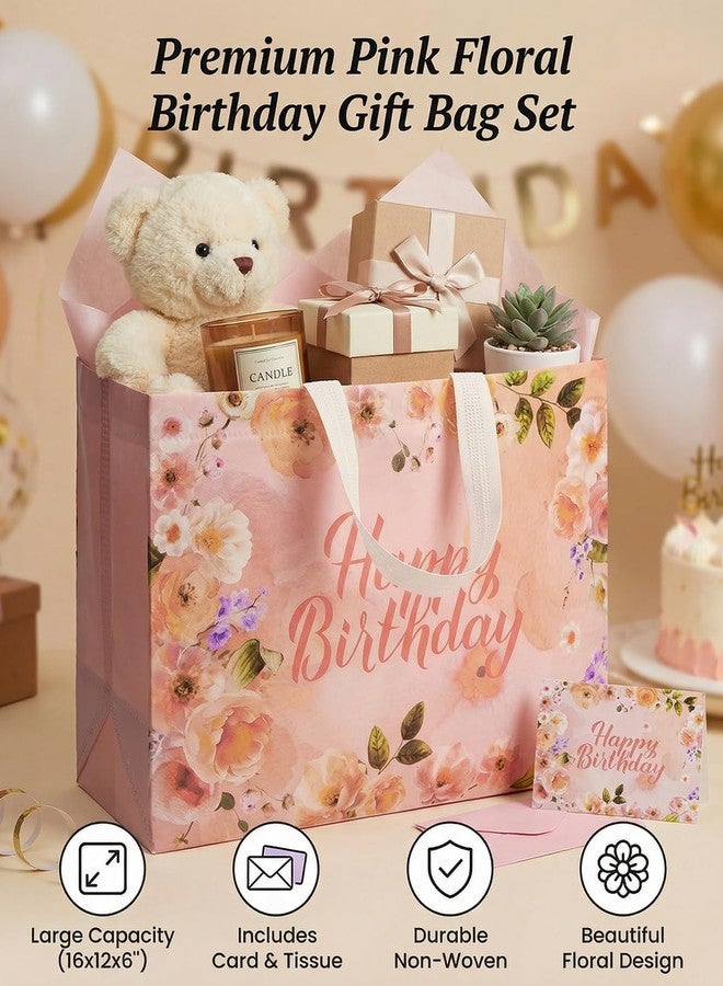 GFInYHM 16" Extra Large Birthday Gift Bags for Women, Reusable Non-Woven Jumbo Tote with Tissue Paper & Card, Waterproof Heavy Duty Floral Bag for Mom Wife (Champagne - Image 5