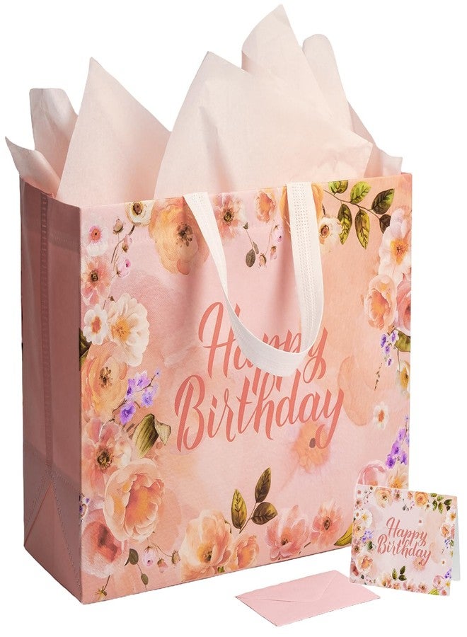 GFInYHM 16" Extra Large Birthday Gift Bags for Women, Reusable Non-Woven Jumbo Tote with Tissue Paper & Card, Waterproof Heavy Duty Floral Bag for Mom Wife (Champagne - Image 1