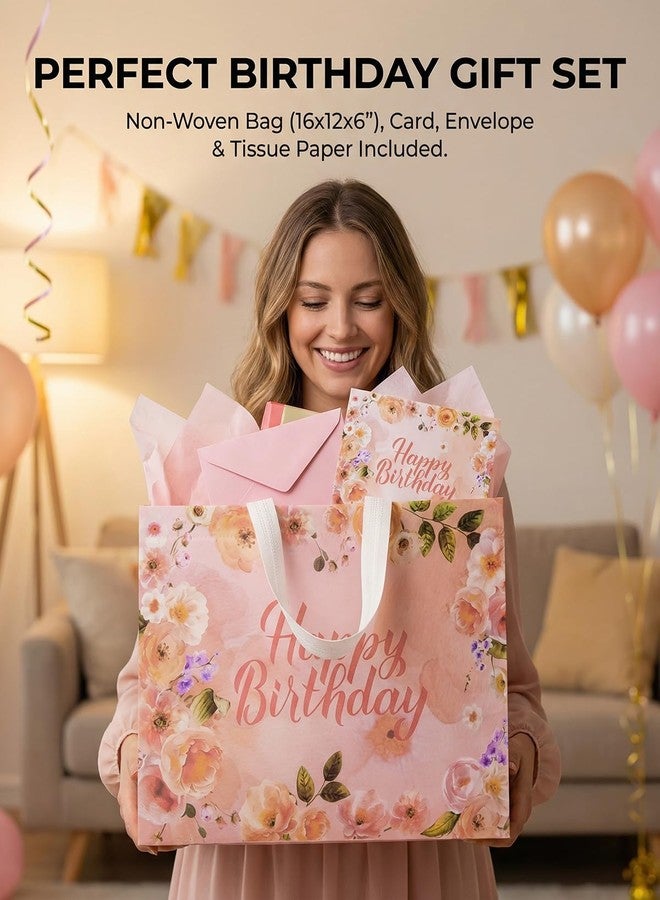 GFInYHM 16" Extra Large Birthday Gift Bags for Women, Reusable Non-Woven Jumbo Tote with Tissue Paper & Card, Waterproof Heavy Duty Floral Bag for Mom Wife (Champagne - Image 4